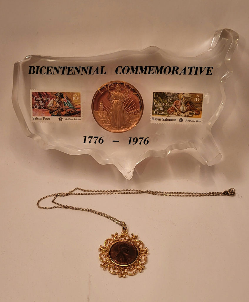 Bicentennial USA Coin & Stamps Paperweight + Penny Pendant Necklace - image 1 of 5