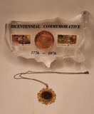 Bicentennial USA Coin & Stamps Paperweight + Penny Pendant Necklace - thumbnail 1 of 5