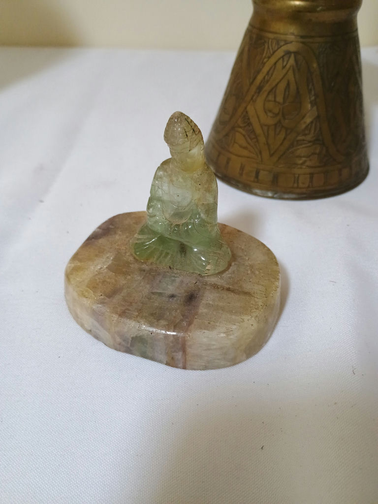 Brass incense censer, brass oil can, glass star sculpture, and jade Buddha figurine - image 5 of 6