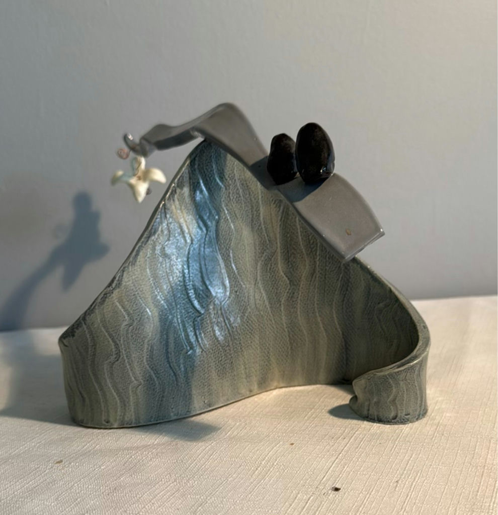 Ceramic art collection: blue-green face sculpture, monkey-mug, and abstract forms - image 5 of 8