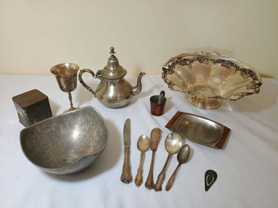 Vintage dishes, pewter, sterling, plated - Image 1 of 13