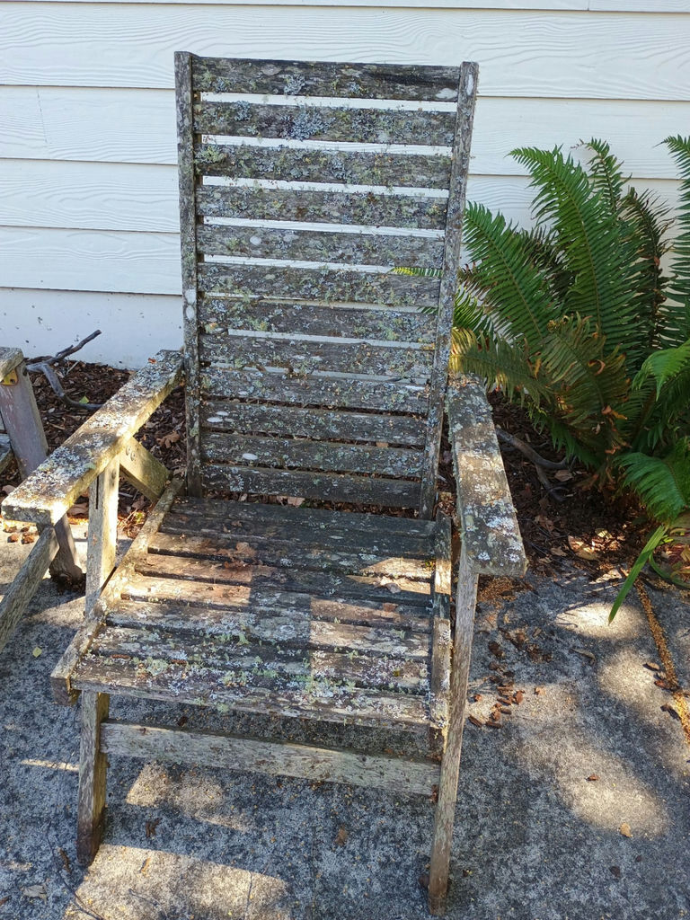 Three weathered wooden patio chairs with striped cushion - image 4 of 4