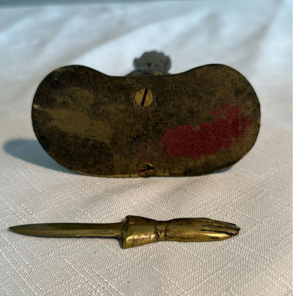 Vintage marble pestle and mortar, brass hands candle holder, match dispenser, and cracker packaging - image 7 of 9