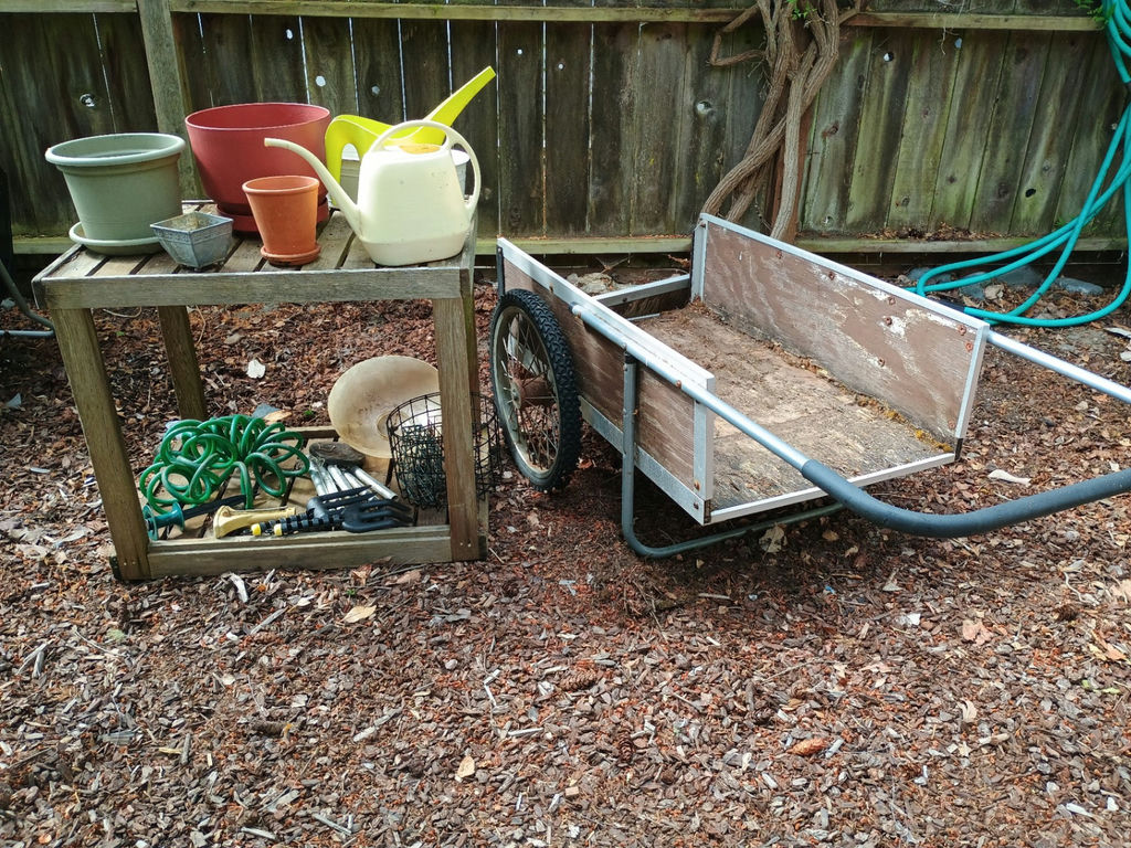 Potting bench, wood wagon, gardening - image 1 of 4