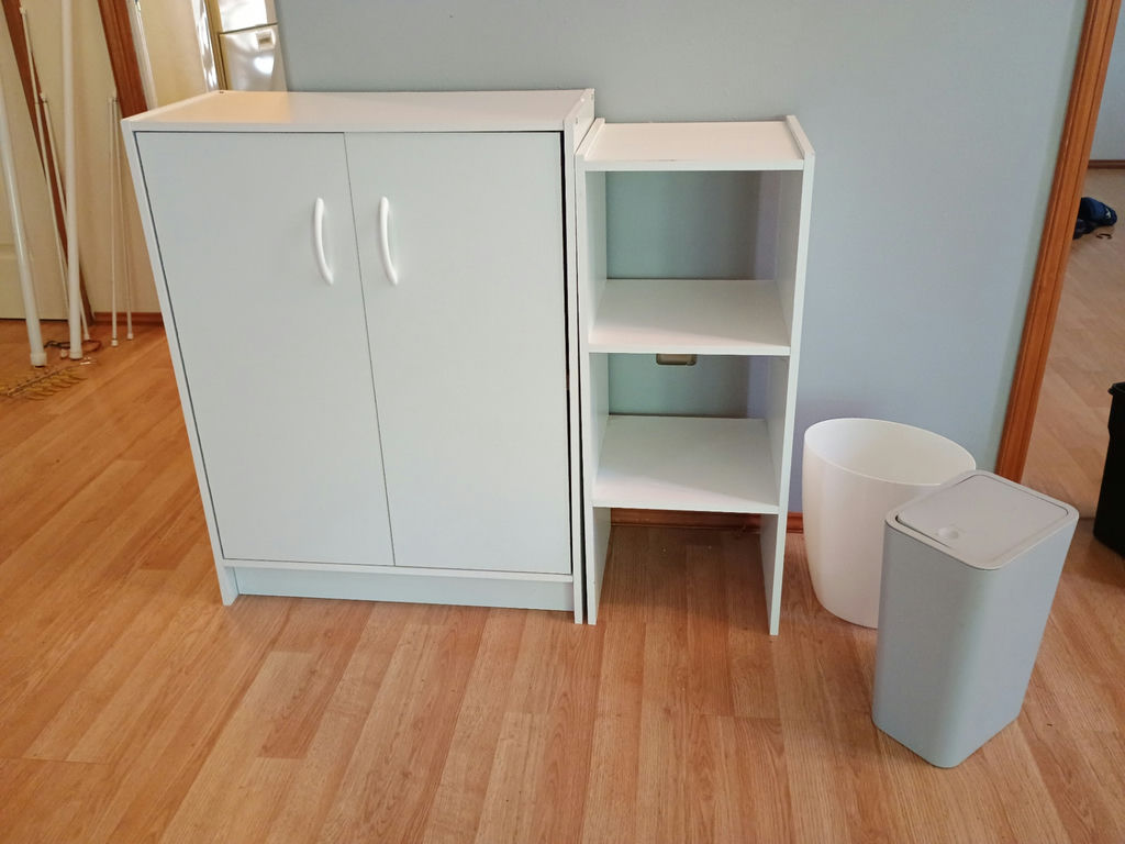 White shelving, waste baskets - image 1 of 5