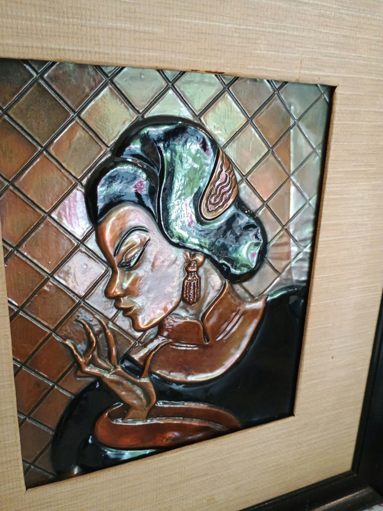 Three framed artworks: two MCM Coppercraft tile portraits and a vintage portrait print - image 3 of 10
