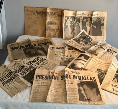 Vintage newspaper clippings and pages about the Kennedy assassination - Image 1 of 6