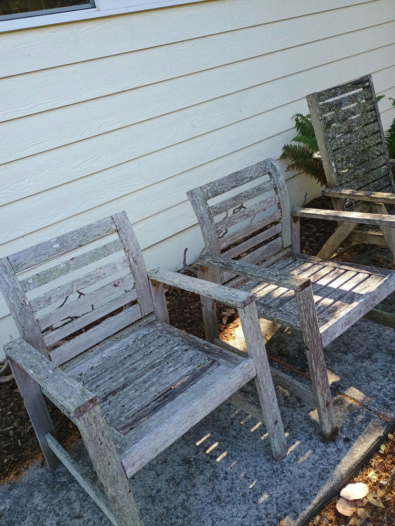 Three weathered wooden patio chairs with striped cushion - image 3 of 4