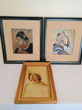 Three framed artworks: two MCM Coppercraft tile portraits and a vintage portrait print - thumbnail 1 of 10