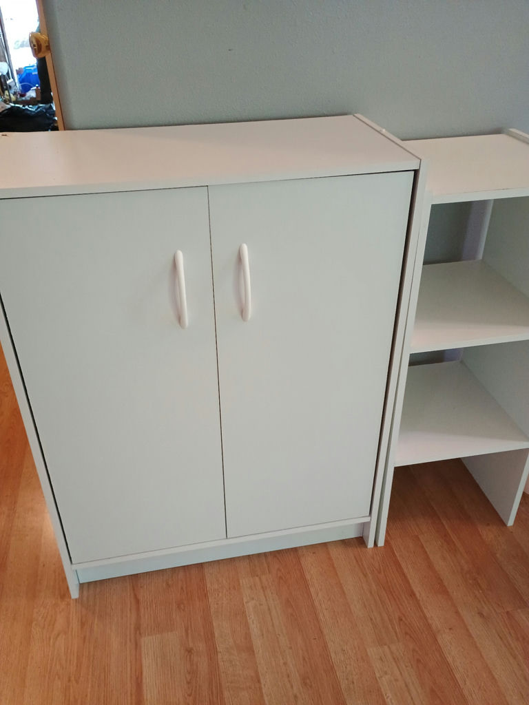 White shelving, waste baskets - image 2 of 5