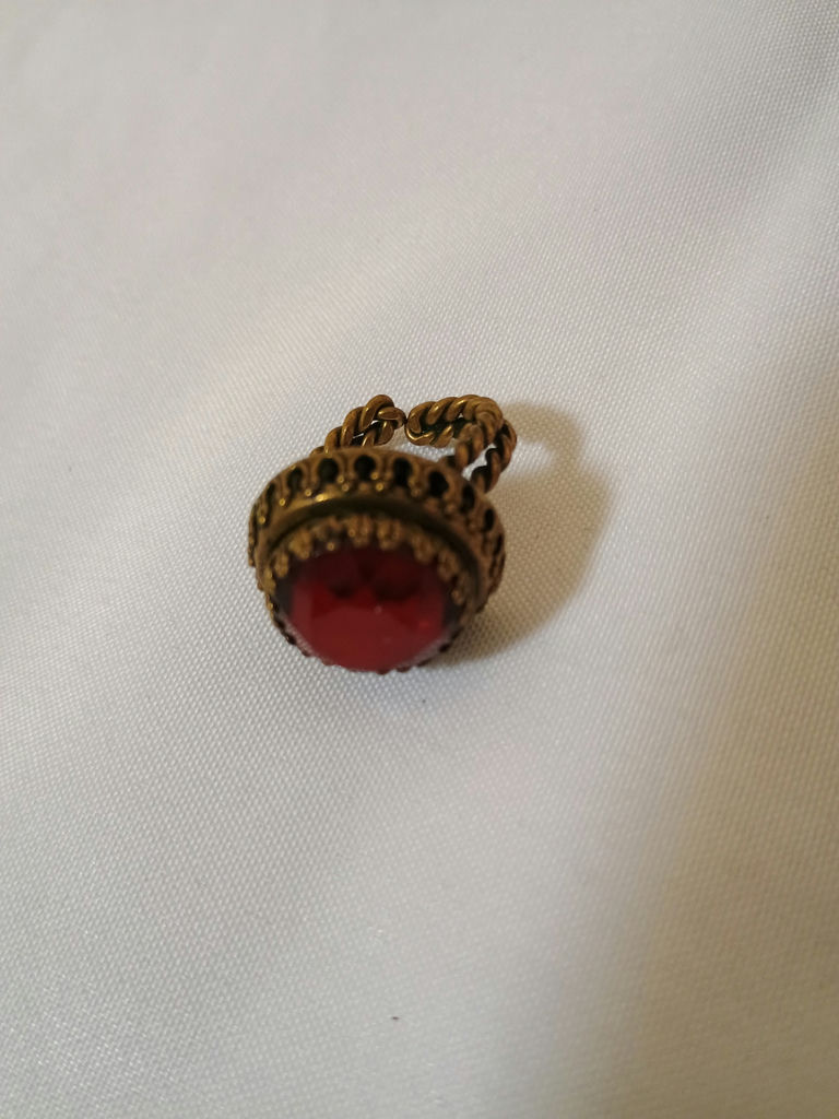 Copper braided bracelet, red cabochon ring, bronze bird pin, and grape cluster ring - image 2 of 6