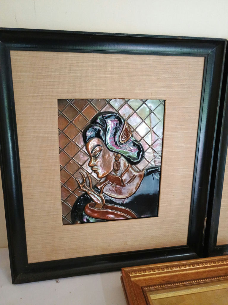 Three framed artworks: two MCM Coppercraft tile portraits and a vintage portrait print - image 4 of 10