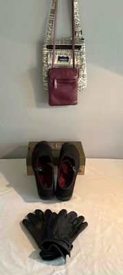 Patterned crossbody bag, Keen shoes, and leather gloves - Image 1 of 5