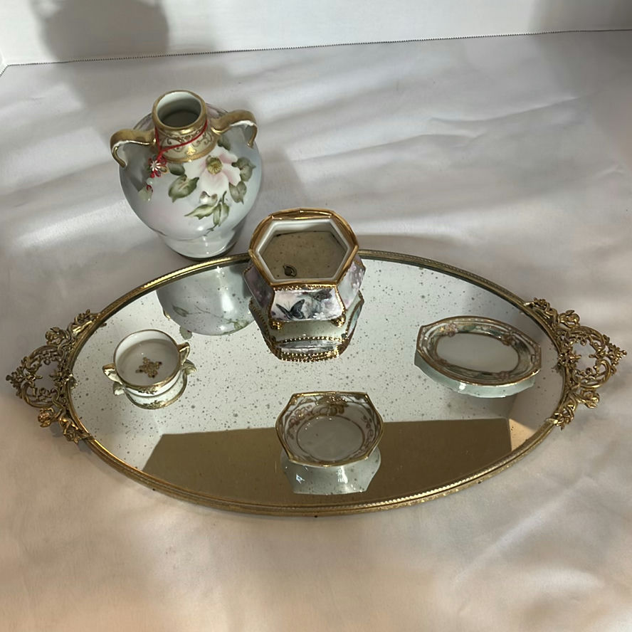 Decorative Porcelain Vanity Set with Mirrored Tray - image 1 of 8