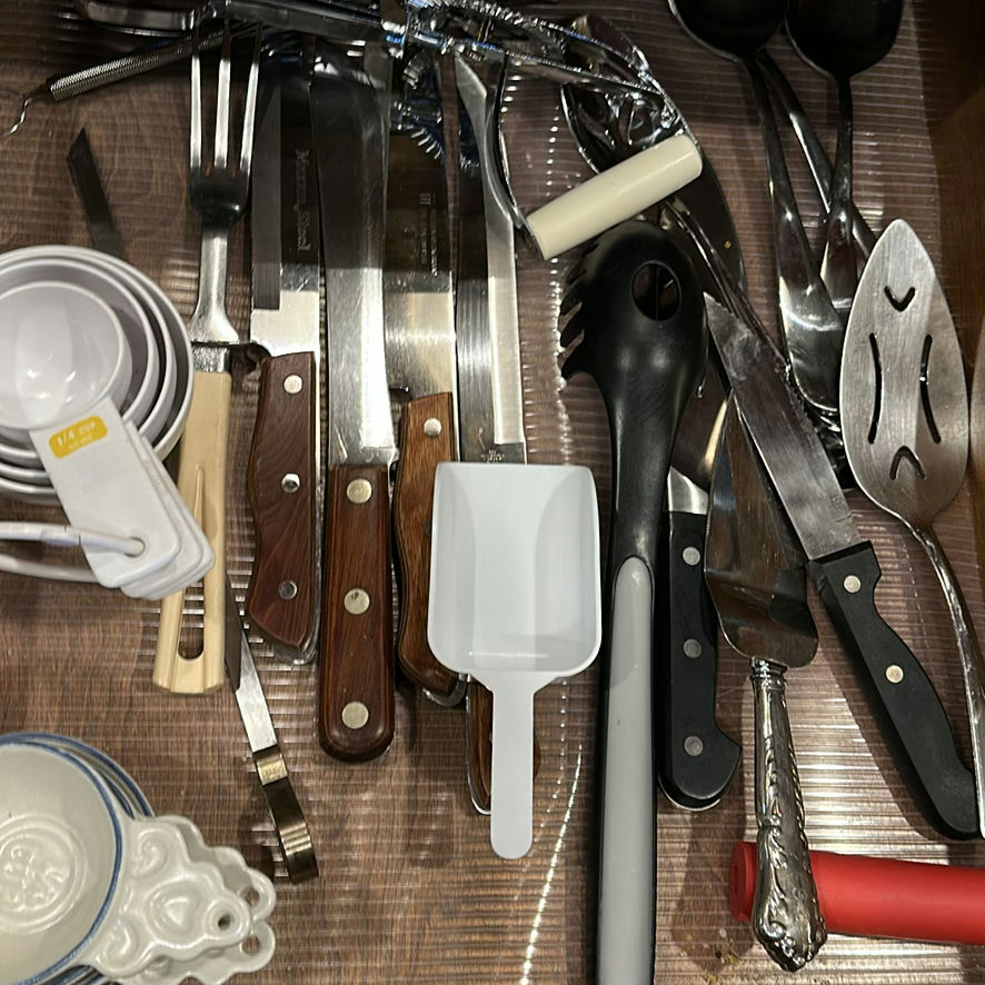 Assorted Kitchen Utensils, Flatware, Ceramic Bowl, and Cast Iron Skillet - image 3 of 9