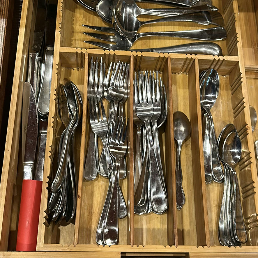 Assorted Kitchen Utensils, Flatware, Ceramic Bowl, and Cast Iron Skillet - image 2 of 9
