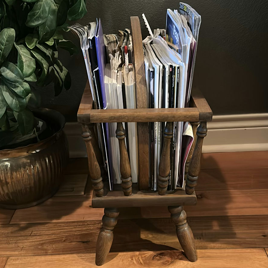 Artificial Plant in Metal Planter and Wooden Magazine Rack with Magazines - image 5 of 9