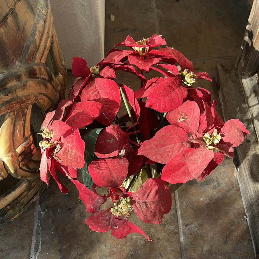 Decorative Ceramic Snowman Containers, Metal Garden Stool, and Artificial Poinsettia Arrangements - image 4 of 5