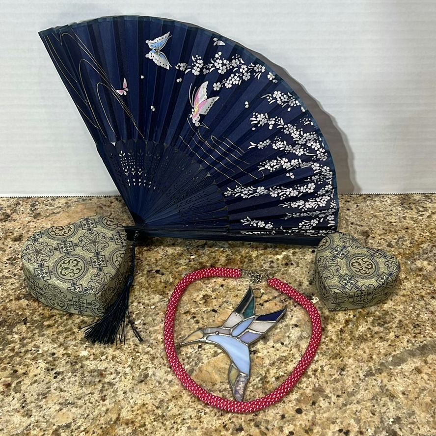 Decorative Hand Fan, Heart-Shaped Boxes, and Hummingbird Necklace - image 1 of 5