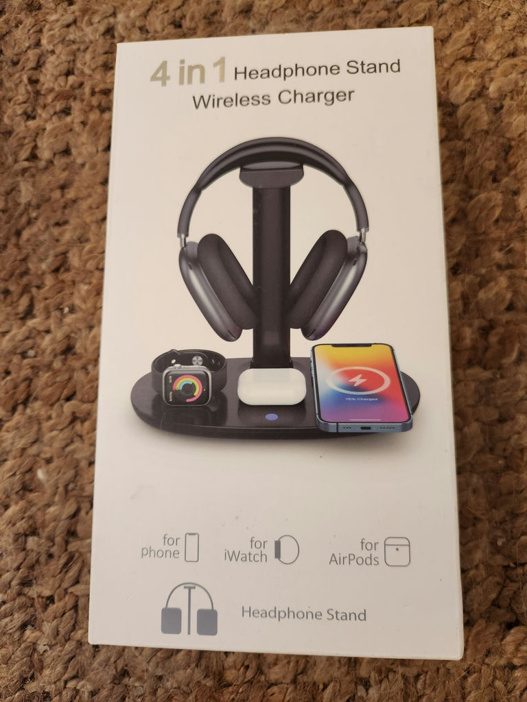 4-in-1 Headphone Stand Wireless Charger – Phone, Smart Watch & Earbuds Charging Station (Black) – New in Box (Apple products) - image 1 of 2