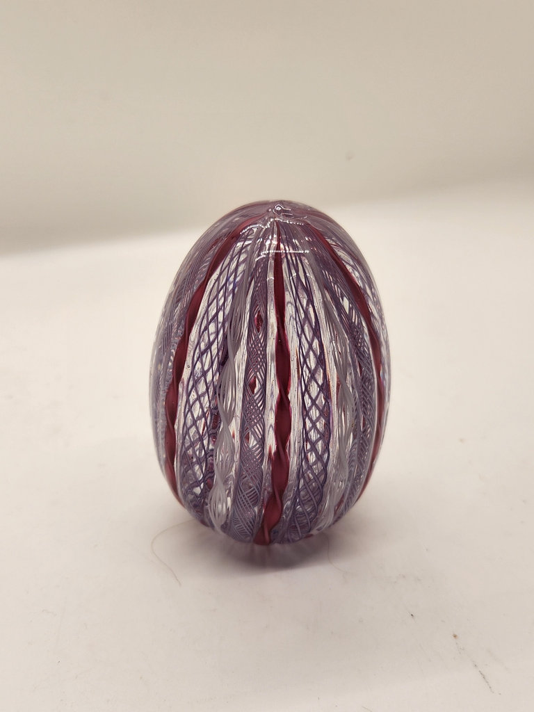 Hand Blown Art Glass Egg-Shaped Latticino Paperweight – Purple & Cranberry Ribbon Latticino Swirl Murano Paperweight - Maybe E Langbein - image 4 of 7