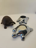 Whimsical Turtle Décor Lot – 2 Restoration Hardware Chrome Tealight Candle Holders & Carved Stone Turtle Key Safe / Trinket Box - thumbnail 1 of 5