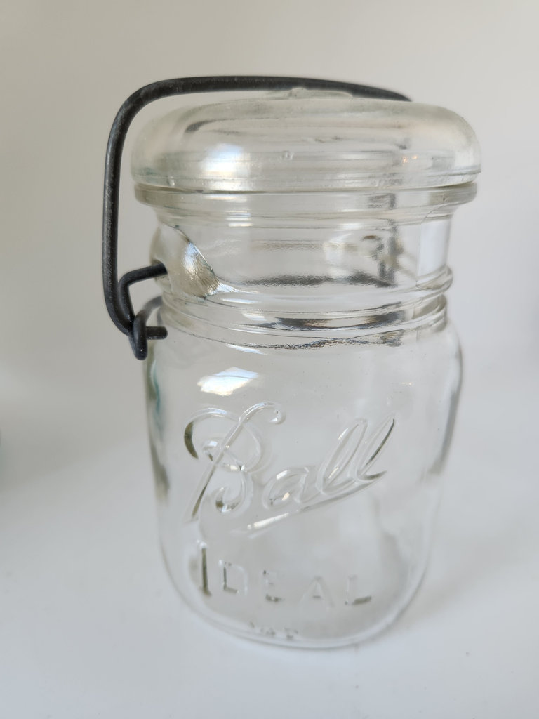 air of Antique Ball “IDEAL” Wire Bail Canning Jars – Aqua & Clear Glass w/ Original Lids, c.1910–1920 - image 5 of 6
