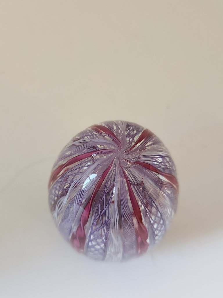 Hand Blown Art Glass Egg-Shaped Latticino Paperweight – Purple & Cranberry Ribbon Latticino Swirl Murano Paperweight - Maybe E Langbein - image 5 of 7