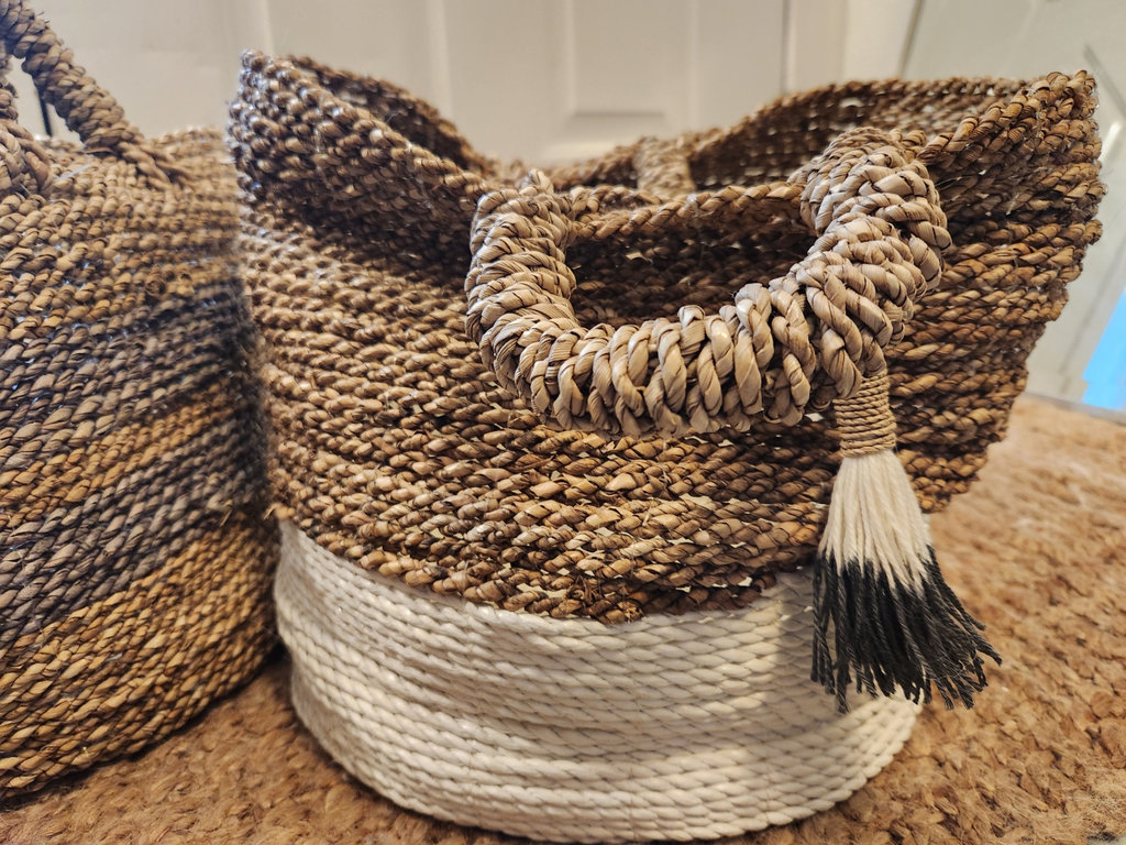 Set of 2 Large Handwoven Straw Storage Baskets w/ Handles & Tassel – Boho Coastal Decor, approx. 18” Tall - image 4 of 5