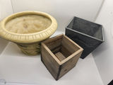 Group of Three Planters – Ceramic Urn, Wooden Box Planter & Black Metal Square Planter - thumbnail 2 of 7
