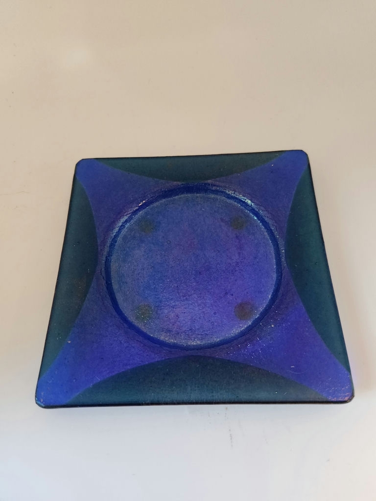 Blue Dichroic-Style Fused Glass Square Plate with Cobalt Blue Art Glass Vase – Contemporary Studio Glass Pair - image 2 of 7