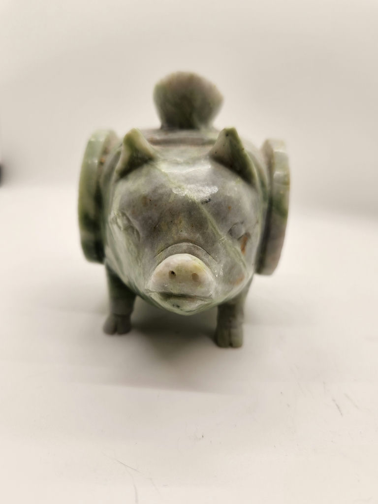 Hand-Carved Nephrite Jade or Serpentine Pig with Coin Motif & Soapstone/Marble Sculptural Rhinoceros Vintage Asian Stone Figures – Green Serpentine Pig with Coin & Brown Rhino Sculpture - image 5 of 15