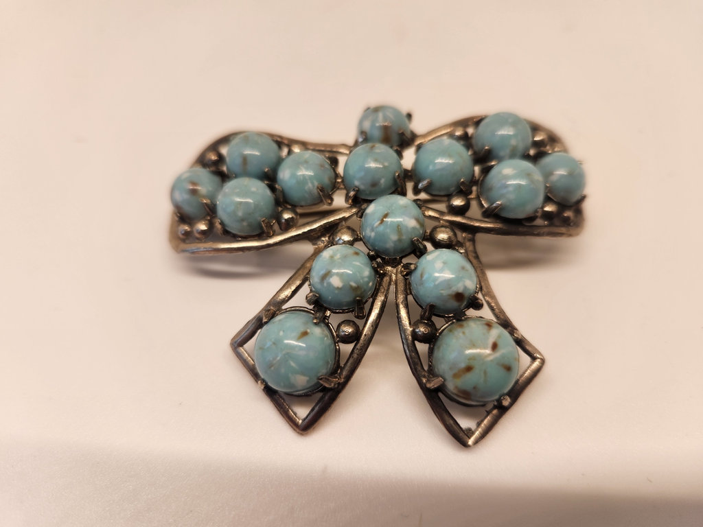 Sterling Silver Turquoise Jewelry Lot – Navajo Style Cuff + Turquoise Bow Brooch + Modernist 935 Cuff Bracelet - image 3 of 8