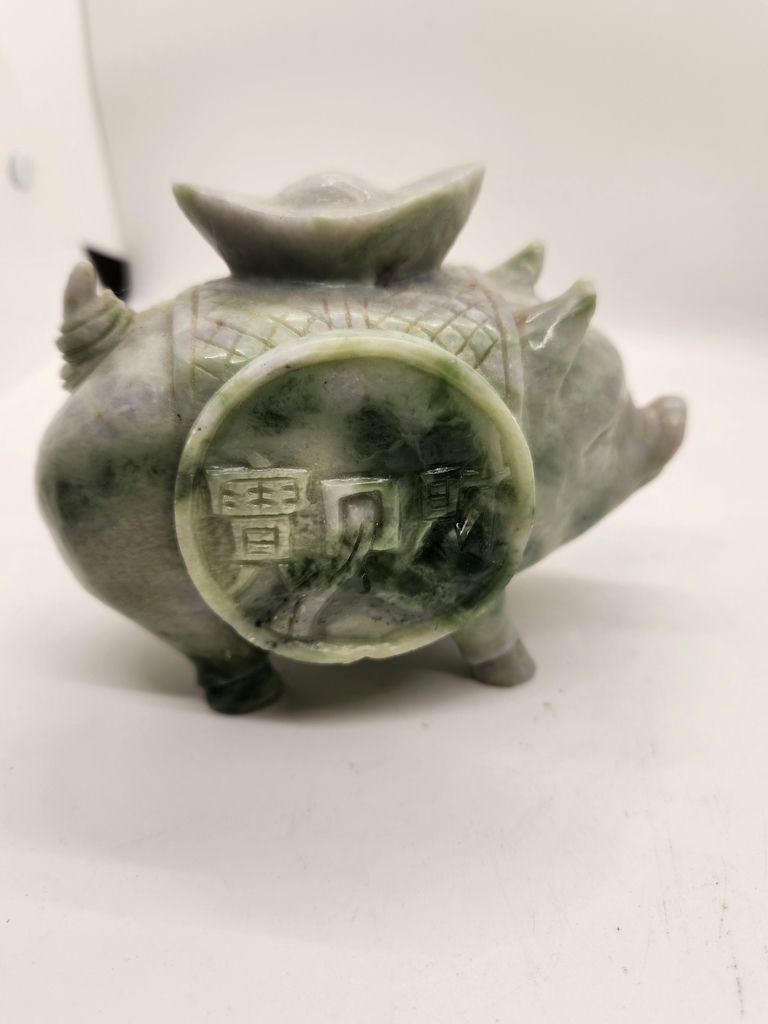 Hand-Carved Nephrite Jade or Serpentine Pig with Coin Motif & Soapstone/Marble Sculptural Rhinoceros Vintage Asian Stone Figures – Green Serpentine Pig with Coin & Brown Rhino Sculpture - image 15 of 15