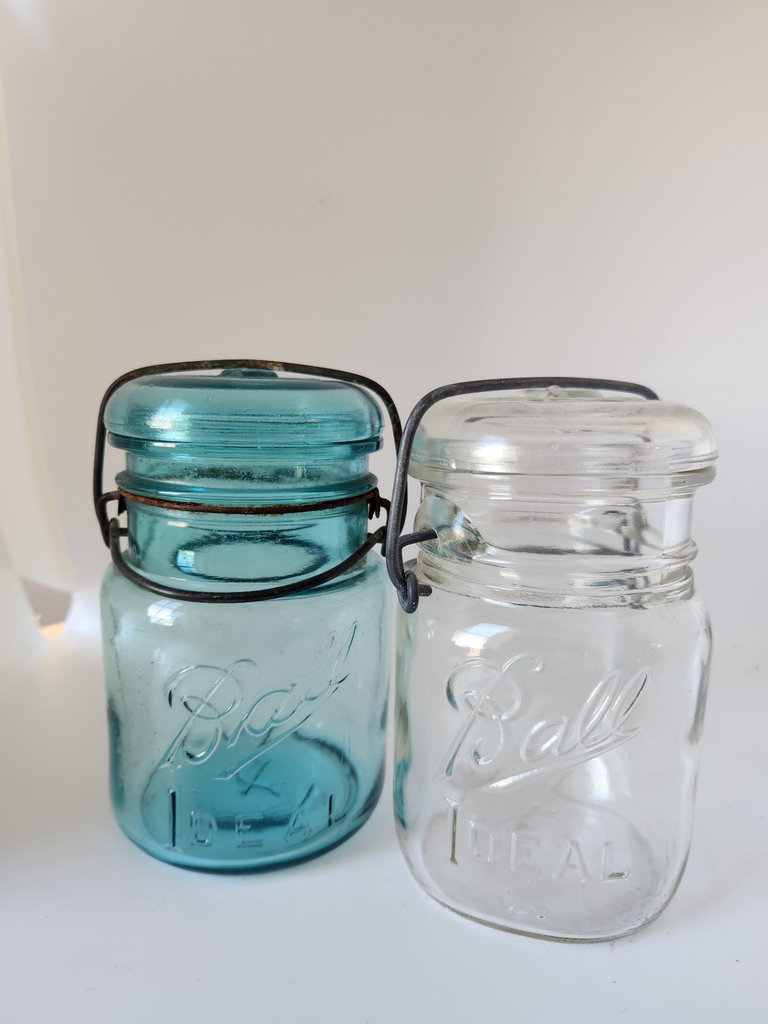 air of Antique Ball “IDEAL” Wire Bail Canning Jars – Aqua & Clear Glass w/ Original Lids, c.1910–1920 - image 2 of 6