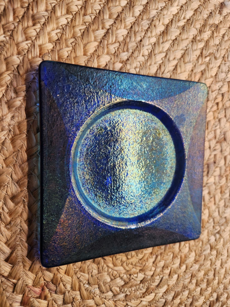 Blue Dichroic-Style Fused Glass Square Plate with Cobalt Blue Art Glass Vase – Contemporary Studio Glass Pair - image 4 of 7