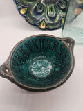 Decorative/Eclectic Lot - Mid-Century Enamel on Copper Plate, 1/2 KG Aqua Glass Jar, Green Hand-Painted Pottery Bowl & Mercury Glass Ornament - thumbnail 3 of 5