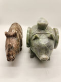 Hand-Carved Nephrite Jade or Serpentine Pig with Coin Motif & Soapstone/Marble Sculptural Rhinoceros Vintage Asian Stone Figures – Green Serpentine Pig with Coin & Brown Rhino Sculpture - thumbnail 1 of 15