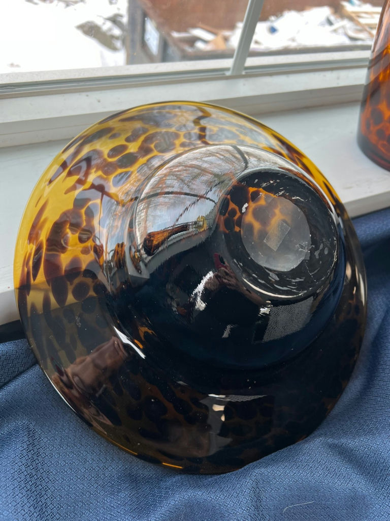 Amber Tortoiseshell Glass Decorative Lot – Large Art Glass Bowl, Molded Vase & Candlestick – 3 Pieces - image 5 of 8