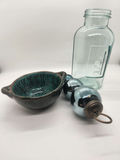 Decorative/Eclectic Lot - Mid-Century Enamel on Copper Plate, 1/2 KG Aqua Glass Jar, Green Hand-Painted Pottery Bowl & Mercury Glass Ornament - thumbnail 2 of 5