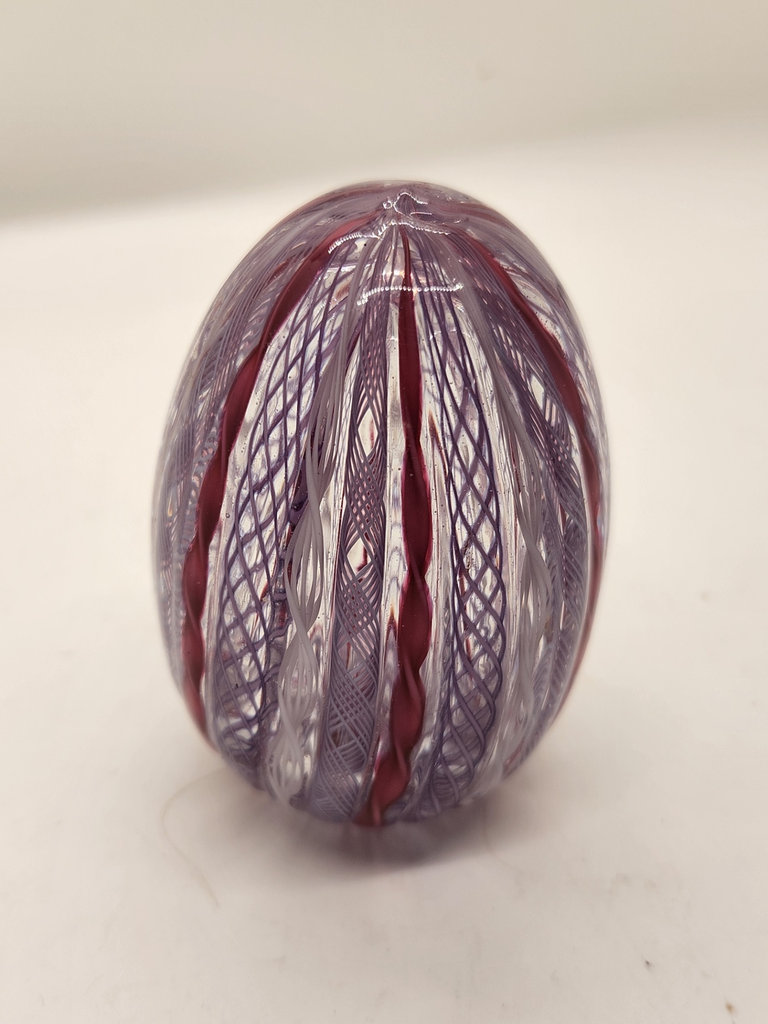 Hand Blown Art Glass Egg-Shaped Latticino Paperweight – Purple & Cranberry Ribbon Latticino Swirl Murano Paperweight - Maybe E Langbein - image 6 of 7