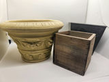 Group of Three Planters – Ceramic Urn, Wooden Box Planter & Black Metal Square Planter - thumbnail 1 of 7