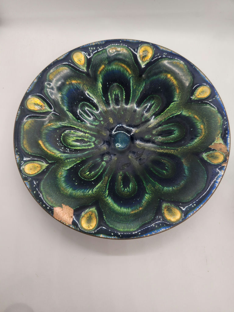 Decorative/Eclectic Lot - Mid-Century Enamel on Copper Plate, 1/2 KG Aqua Glass Jar, Green Hand-Painted Pottery Bowl & Mercury Glass Ornament - image 5 of 5