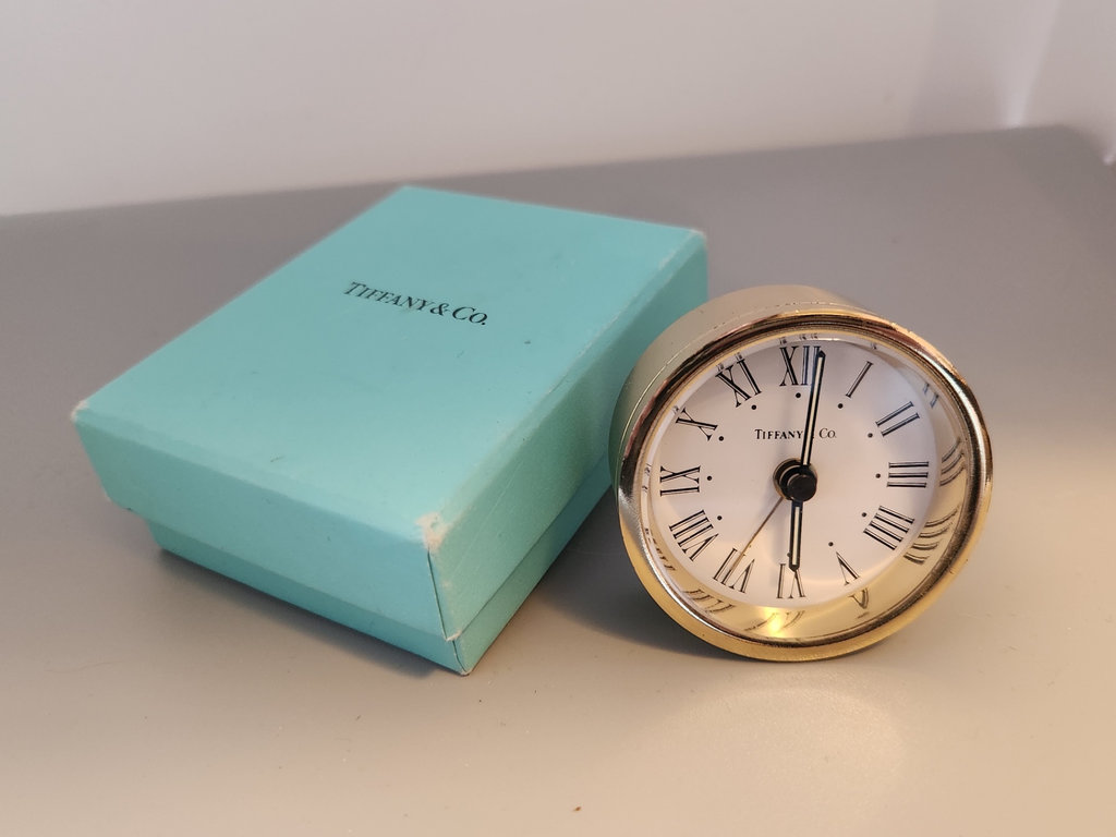 Vintage Tiffany & Co. Desk Clock 2” Brass Tone Roman Numerals w/ Tiffany Box – Needs Battery - image 3 of 9