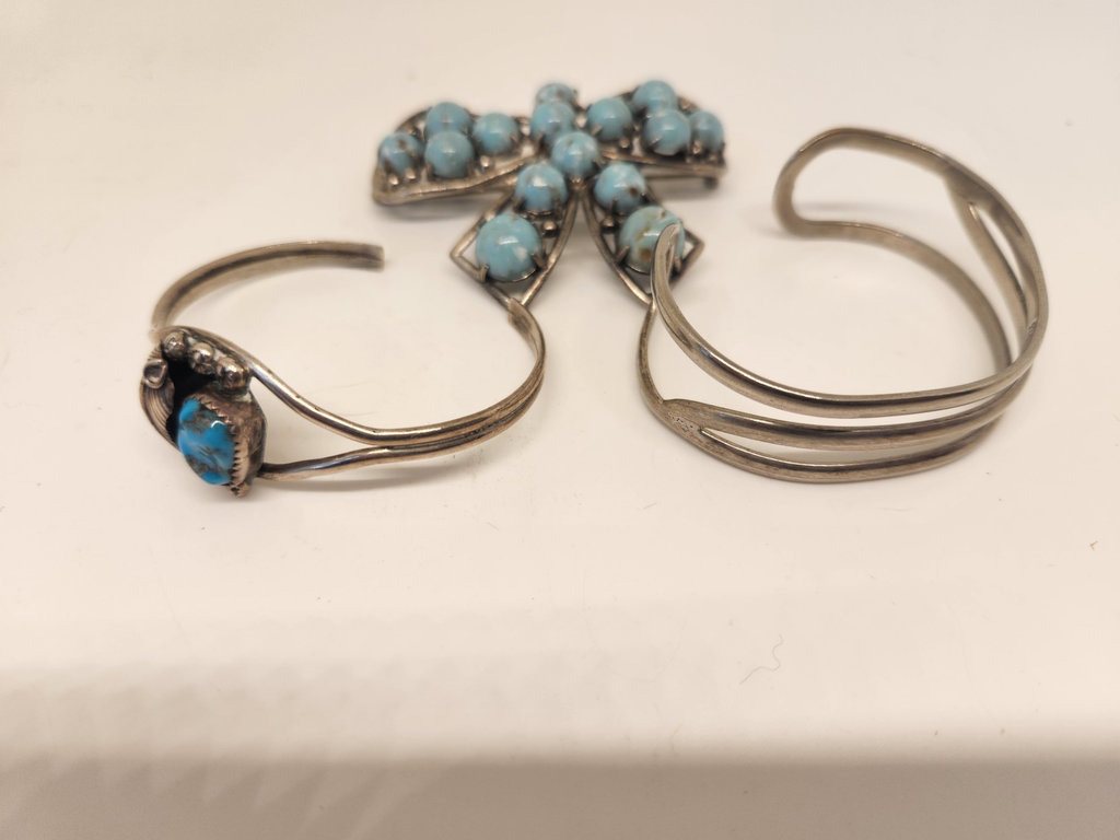 Sterling Silver Turquoise Jewelry Lot – Navajo Style Cuff + Turquoise Bow Brooch + Modernist 935 Cuff Bracelet - image 1 of 8