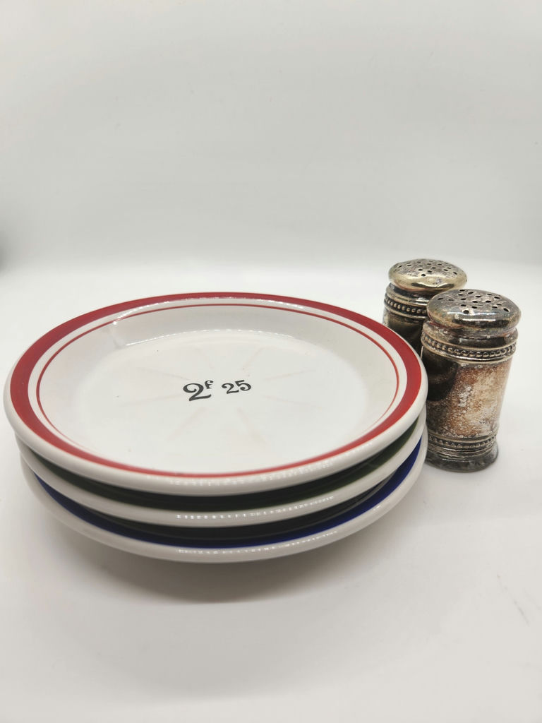 Vintage French Bistro Absinthe Tip Plates (3 plates) & Silverplate Salt and Pepper Shakers - Lot of 5 - image 2 of 8