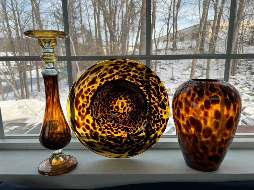 Amber Tortoiseshell Glass Decorative Lot – Large Art Glass Bowl, Molded Vase & Candlestick – 3 Pieces - image 1 of 8