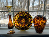 Amber Tortoiseshell Glass Decorative Lot – Large Art Glass Bowl, Molded Vase & Candlestick – 3 Pieces - thumbnail 1 of 8