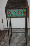 Vintage Industrial License-Plate Pedestal Stand – New Hampshire & California Plates, Perforated Steel Top - thumbnail 2 of 8