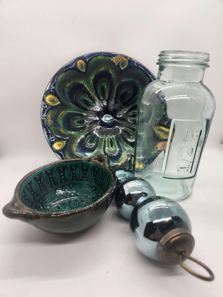 Decorative/Eclectic Lot - Mid-Century Enamel on Copper Plate, 1/2 KG Aqua Glass Jar, Green Hand-Painted Pottery Bowl & Mercury Glass Ornament - image 1 of 5